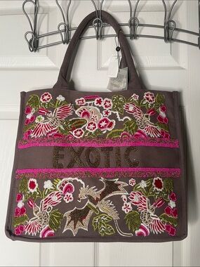 NWT America & Beyond Exotic Beaded Canvas Shoulder Book Tote Bag